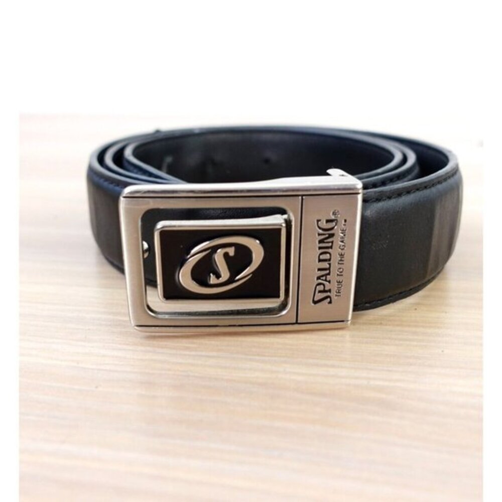 Spalding  Leather Belt Mens 34‎ Black Logo Emblem Silver Buckle Medium Classic
